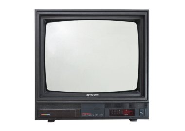MINSK BELARUS-04.20.2020: TV HORIZON. Beyaz arka planda eski siyah televizyon.