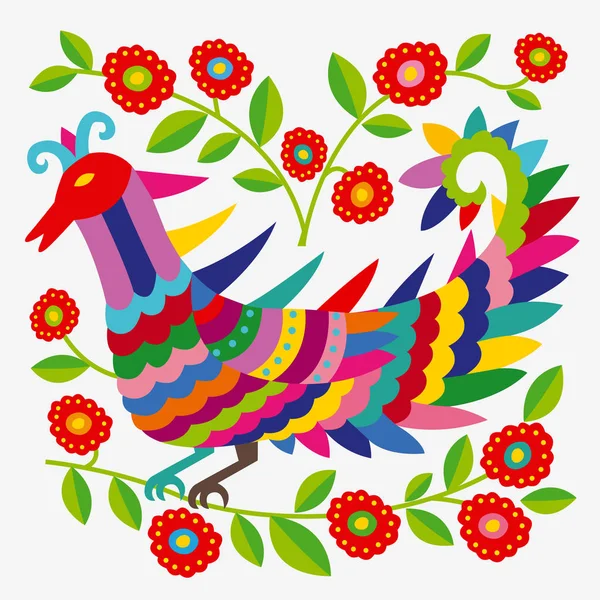 Padrão Étnico Mexicano Colorido Ornamentado Flores Pássaro Fundo Claro Vetor — Vetor de Stock