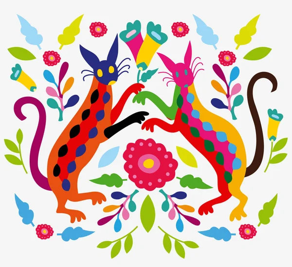 Μεξικάνικη Πολύχρωμο Και Περίτεχνα Εθνικ Μοτίβο Λουλούδια Και Γάτες Στο Διανυσματικά Γραφικά