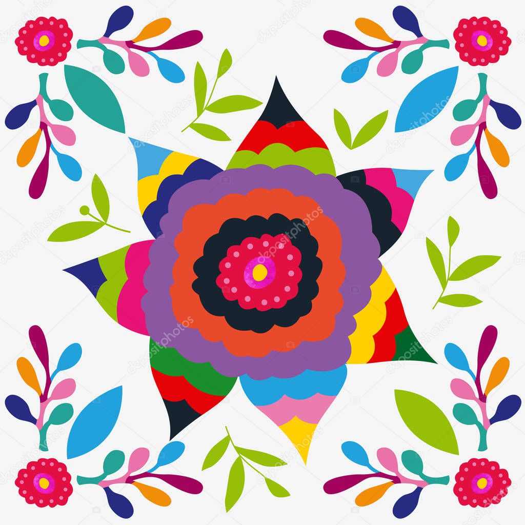 Mexican colorful and ornate ethnic pattern. Flowers on the light background. Colored vector tribal design elements for frame and border, textile, fabric or paper print.