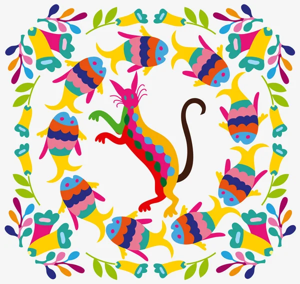 Meksykański Kolorowy Ozdobny Etnicznym Kwiaty Ryby Kot Jasnym Tle Drukowanie — Wektor stockowy