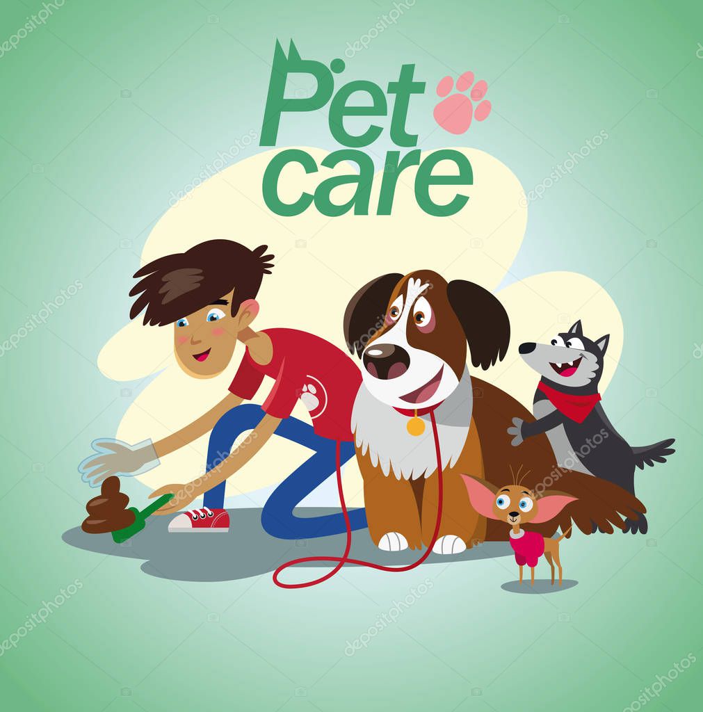 Chihuahua, terrier, shiba inu and St bernard dog with his owner for a walk. Vector illustration in cartoon style