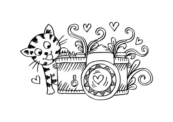 Симпатичный котенок с винтажной фотокамерой. Эскизный стиль . — стоковое фото
