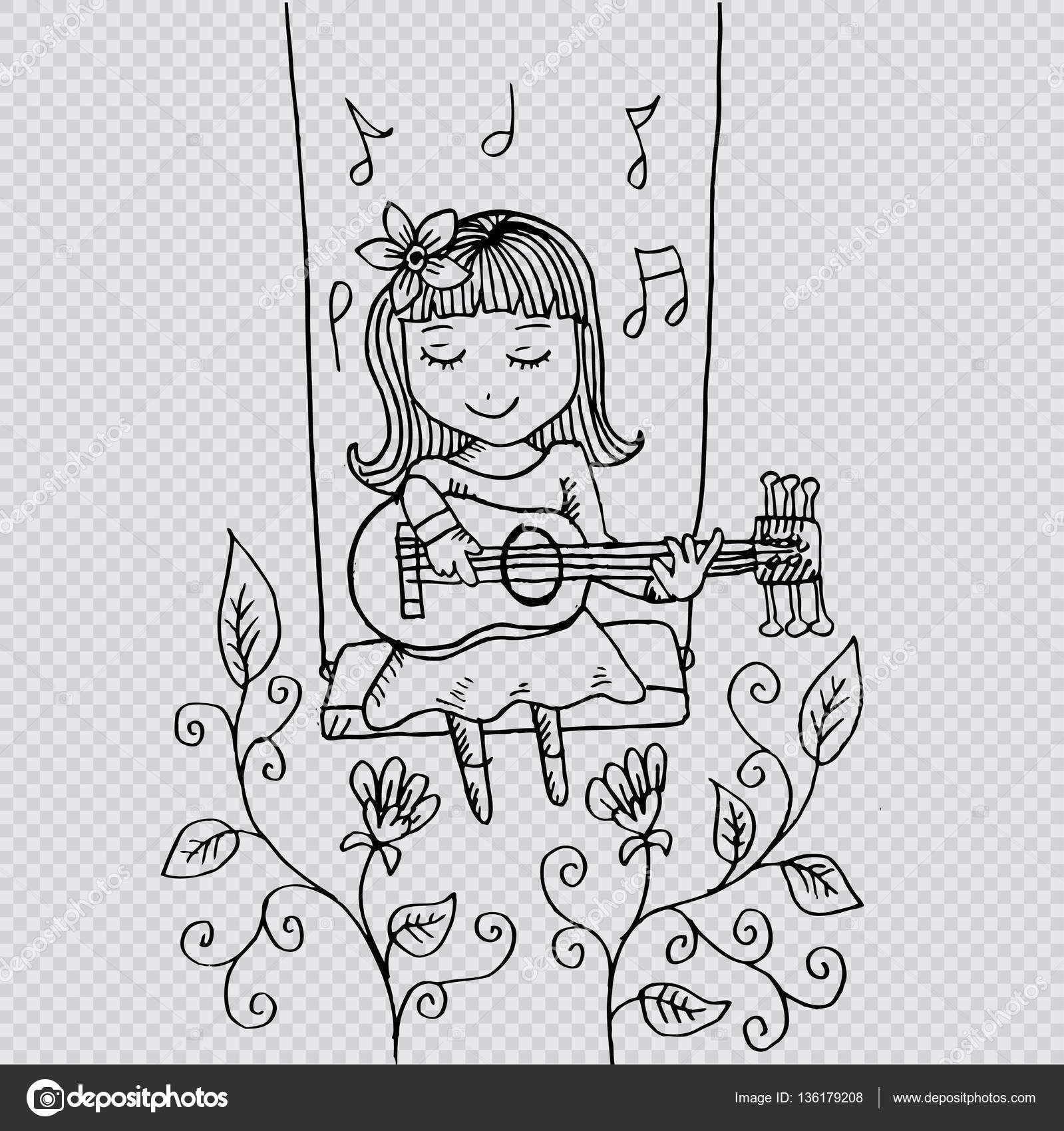 Cartoon Girl Smiling On Swing With Guitar Hand Drawing