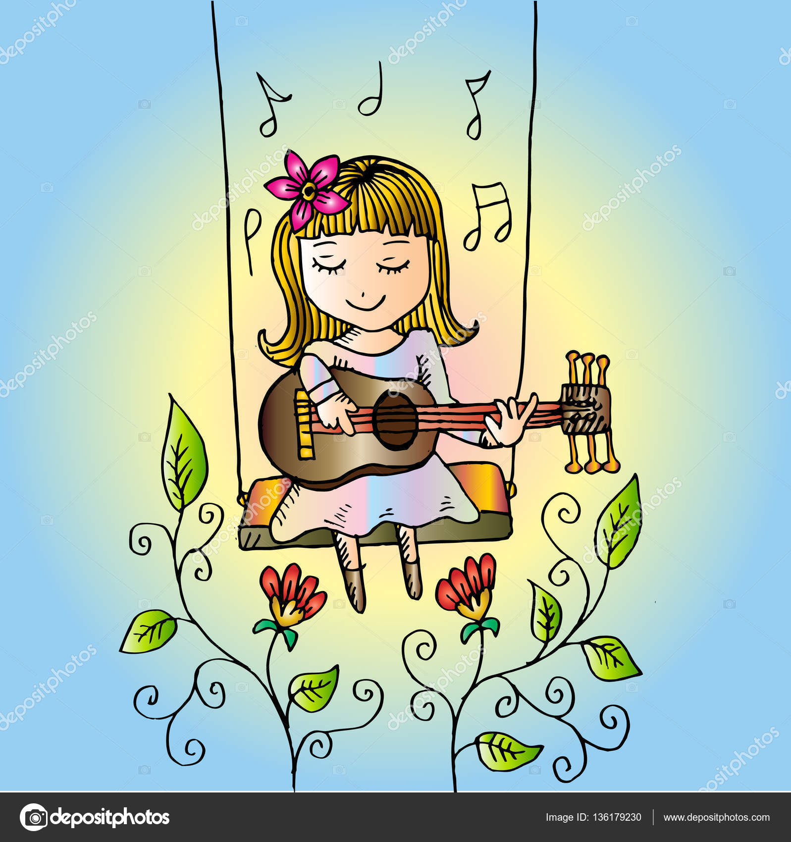 Cartoon Girl Smiling On Swing With Guitar Hand Drawing