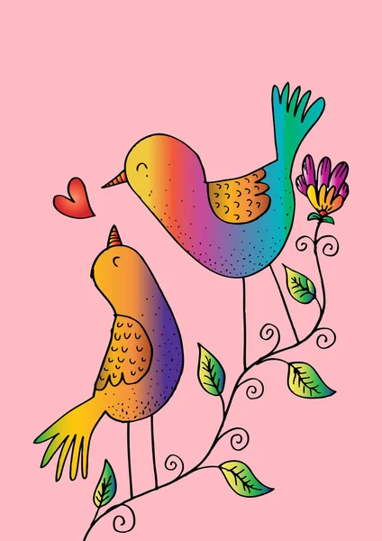 Dos pájaros en una rama. Dibujo a mano ilustración . —  Fotos de Stock