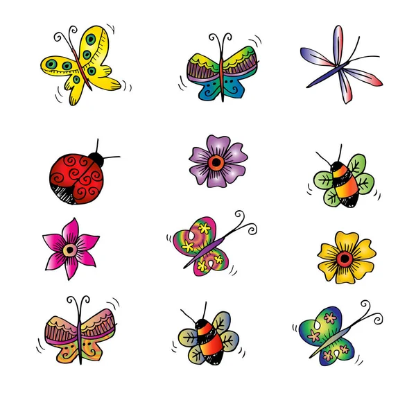 Çiçekler ve kelebekler kümesi. Böcekler. El çizim şekil. — Stok fotoğraf