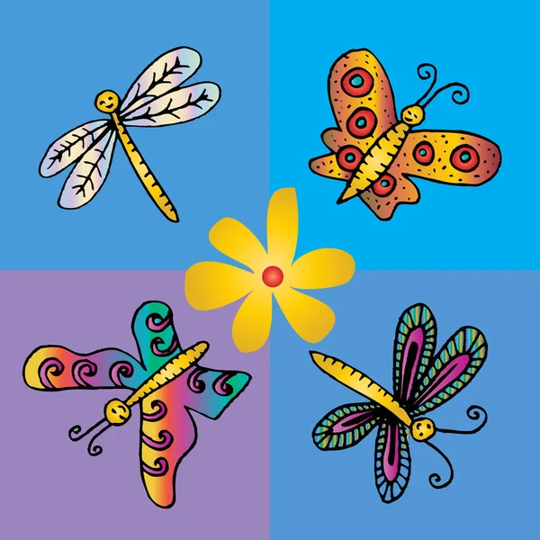 Handgezeichnete Schmetterlinge und Libellen. — Stockfoto