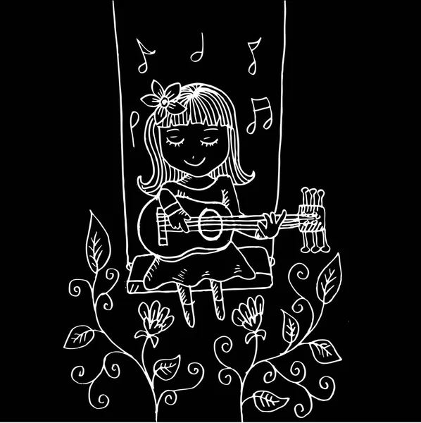 Cartoon girl smiling on swing, with guitar. Hand drawing illustration. — Stock Photo, Image