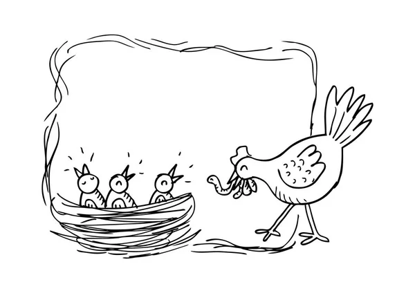 Moeder kip en kuikens. Hand tekenen illustratie. — Stockfoto