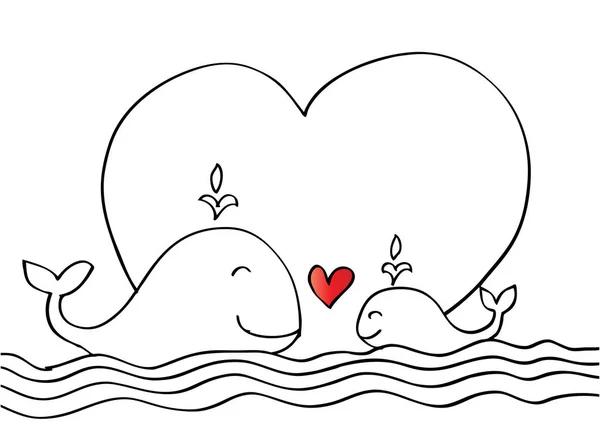 귀여운 엄마 고래와 아기 고래. 스케치 스타일. — 스톡 사진