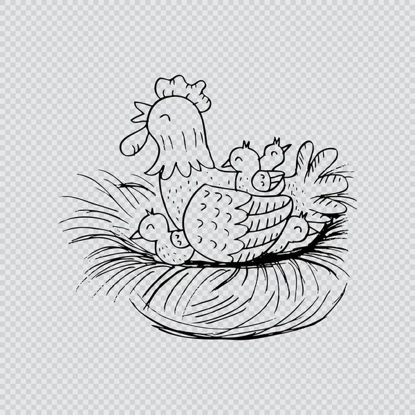 Kip met kippen zitten in een mand. Schetsmatige stijl. — Stockfoto