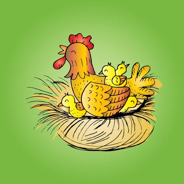 바구니에 앉아 닭 헨이 지 스케치 스타일. — 스톡 사진