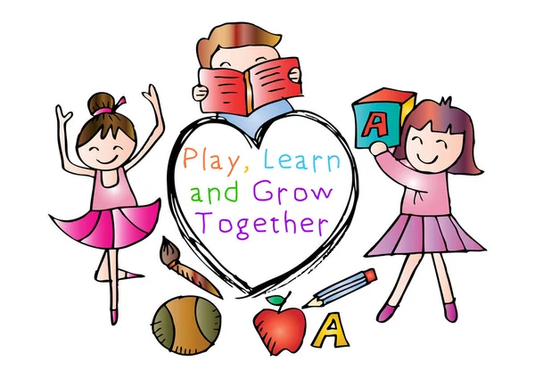 Play, Learn and Grow together. Kids education concept. Hand drawing illustration.