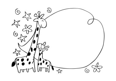 Bebek duş kartı sevimli iki zürafa ile. Yarım yamalak stili.