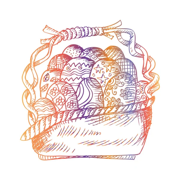 Cesta ornamentada com rabiscos desenhados à mão com ovos de Páscoa — Fotografia de Stock