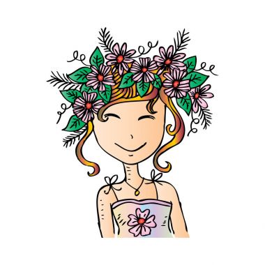 Şirin çizim kız portresi. Yarım yamalak stili.