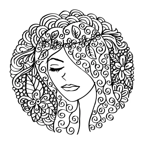 Ilustración chica zentangl en el círculo de marco floral. Dibujo de Doodle . — Foto de Stock