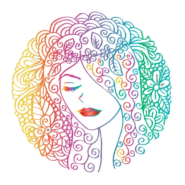 Εικονογράφηση zentangl κορίτσι στον κύκλο floral καρέ. Doodle σχέδιο. — Φωτογραφία Αρχείου