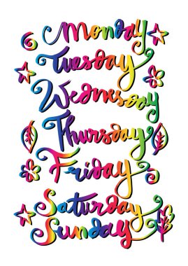  Haftanın Pazartesi, Salı, Çarşamba, Perşembe, Cuma, Cumartesi, Pazar günleri el yazısı