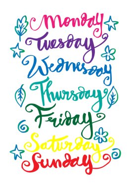  Haftanın Pazartesi, Salı, Çarşamba, Perşembe, Cuma, Cumartesi, Pazar günleri el yazısı