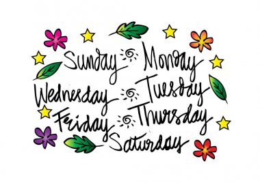 Haftanın Pazartesi, Salı, Çarşamba, Perşembe, Cuma, Cumartesi, Pazar günleri el yazısı