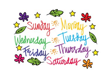 Haftanın Pazartesi, Salı, Çarşamba, Perşembe, Cuma, Cumartesi, Pazar günleri el yazısı