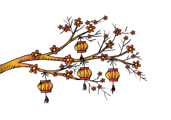 Skissartad Kinesiska Lantern Hänga Körsbärsträd — Stockfoto