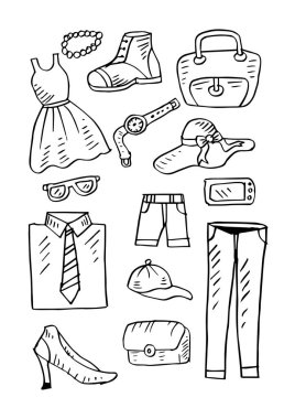 Sketchy moda giysileri ve aksesuarları erkek ve kadın için ayarla.