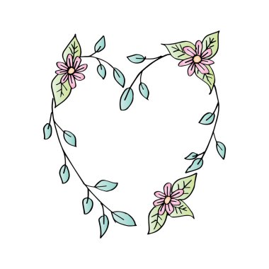 Kalp şekli ve çiçek süsleme ile el çizilen çerçeve.