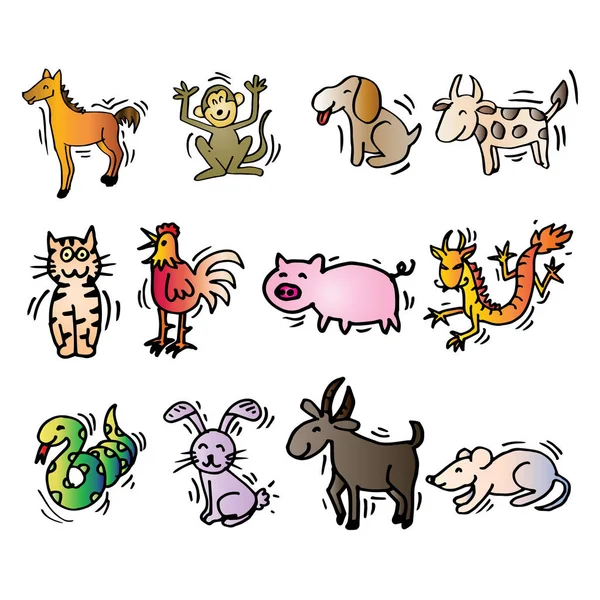Çin Takvimi Hayvanlar Karikatür Tarzı — Stok fotoğraf