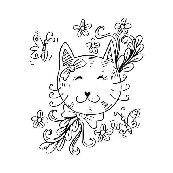 Cartoon Süße Katze Mit Blumen — Stockfoto