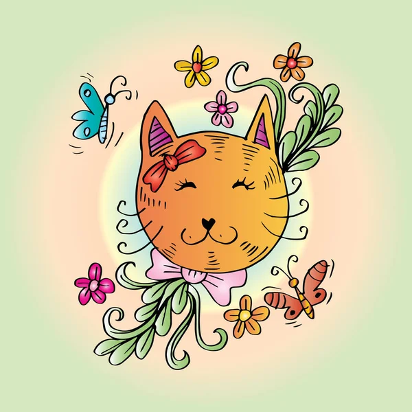 Dibujos Animados Lindo Gato Con Floral — Foto de Stock