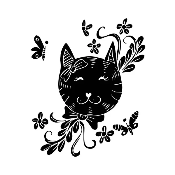 Desenhos Animados Gato Bonito Com Floral — Fotografia de Stock