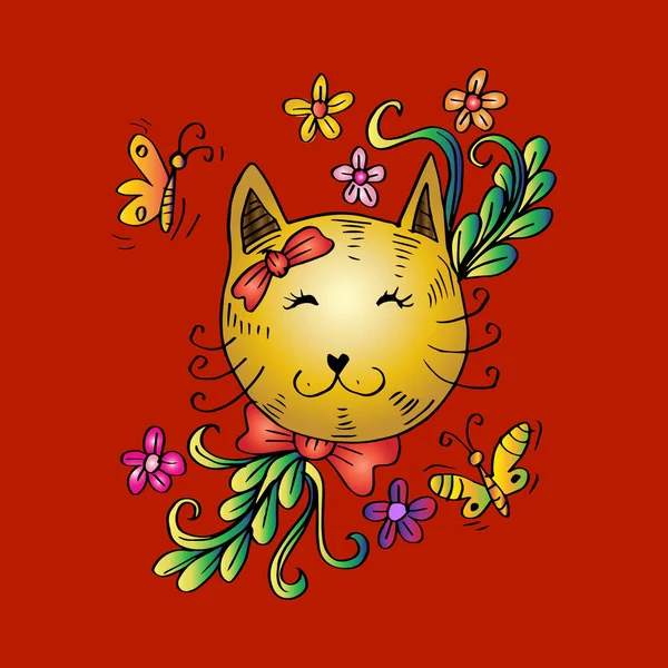 Cartoon Söt Katt Med Blommor — Stockfoto