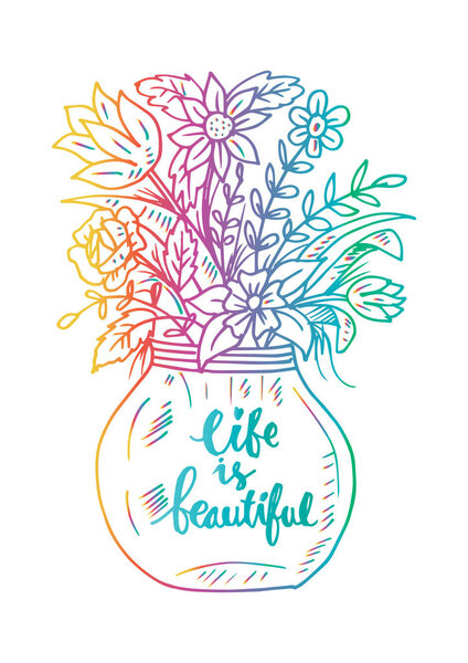 Life is beautiful lettering in a vase