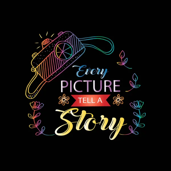Every picture tells a story lettering. Motivation quote with camera.
