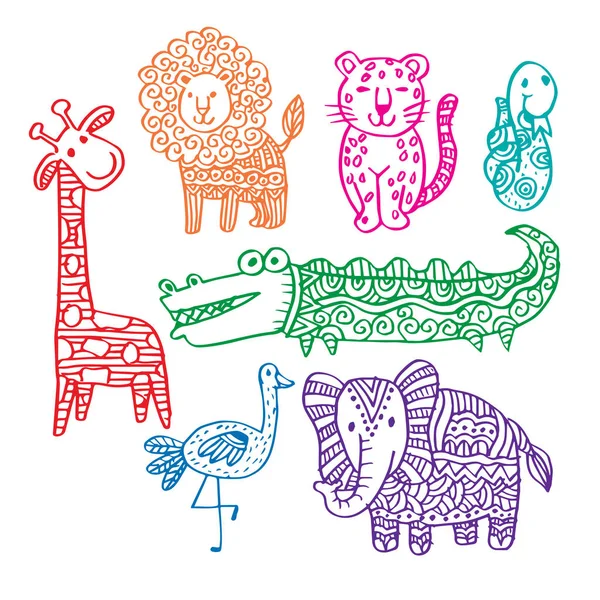 Cartooanimaux Dessins Animés Animaux Stylisés Ornés Style Décoré — Image vectorielle