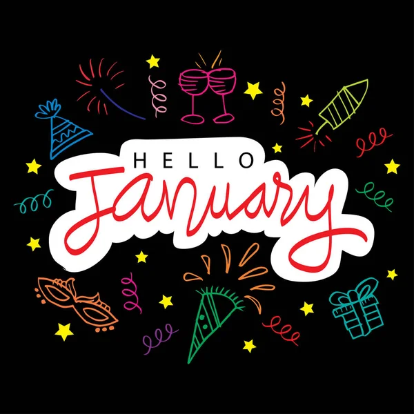 Hello January Hand Lettering Calligraphy Greeting Card — 스톡 벡터