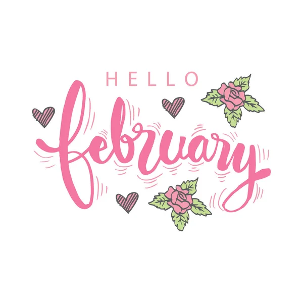 Hello February Hand Lettering Greeting Card — Stock Vector