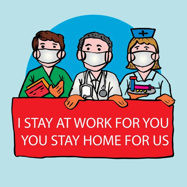 Médecins Professionnels Infirmières Tenant Message Bannière Reste Travail Pour Vous — Image vectorielle