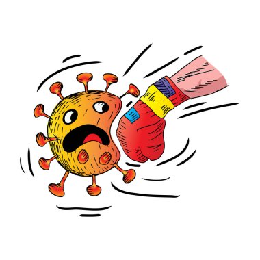 Dövüş karikatürü covid-19 corona virüsü. 