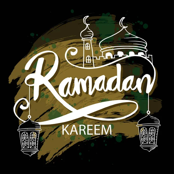 Ramadã Kareem Fundo Com Mesquita Lâmpadas Penduradas —  Vetores de Stock