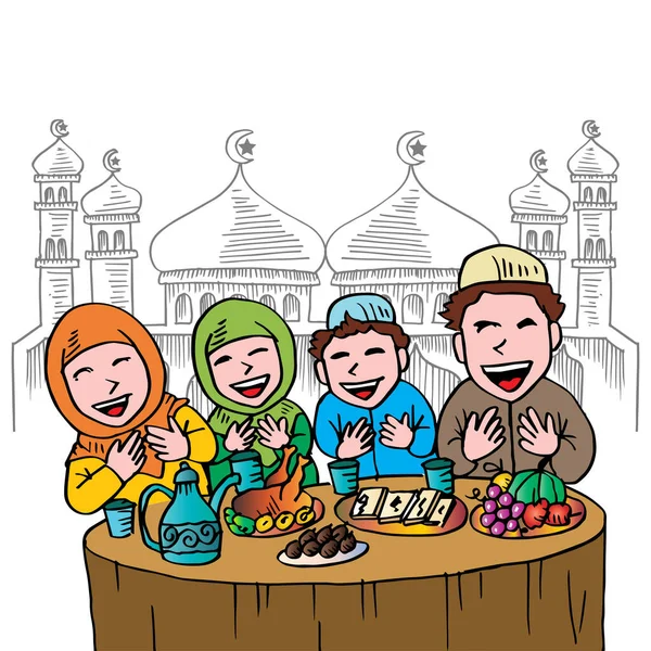 Heureuse Famille Musulmane Ramadan Kareem Fête Iftar — Image vectorielle