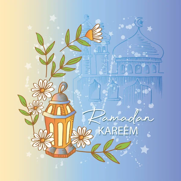 Bosquejo Dibujado Mano Ramadán Kareem Con Linterna Mezquita — Vector de stock