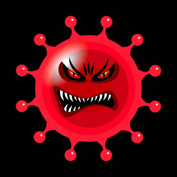 Cartoon style red coronavirus dangerous flu virus on a black background. — Stock vektor