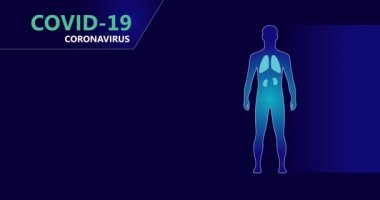 Turta grafiğinde Coronavirus 'tan ölüm oranına göre. İnsan siluetinde Covid-19 belirtileri var. Mavi arka planda animasyon bilgi grafikleri. 2019-ncov