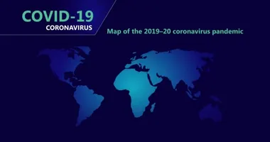Coronavirus virüsü virüsün yayılmasının dünya haritası. Covid-19 vakaları haritadaki parıltılarla gösteriliyor. Mavi arkaplandaki animasyon çizimleri. 2019-ncov