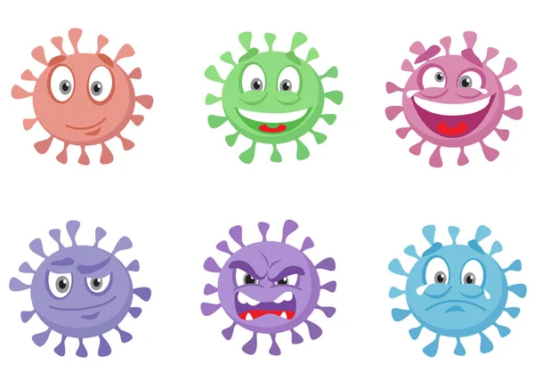 Lustige Coronavirus Covid 19 set. Vektor flache Zeichentrickfigur Illustration. Vereinzelt auf weißem Hintergrund. Virussymbol. — Stockvektor