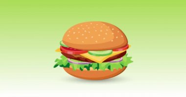 Sığır etli, peynirli, pastırmalı, domatesli, soğanlı ve marullu klasik hamburger. Hızlı hareket eden bir çizburgerin vektör animasyonu.